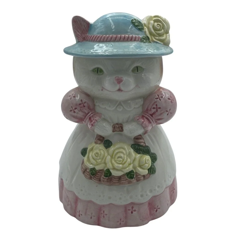 Vintage Ceramic Cat Cookie‎ Jar Victorian Lady Cat Pink Blue White 10 Inch